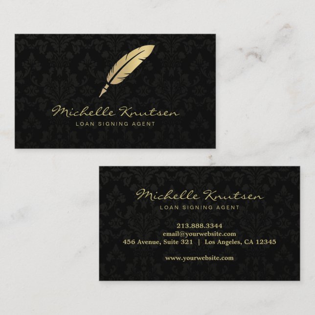 Modern Notary Loan Signing Agent Black Gold Damask Business Card (Front/Back)