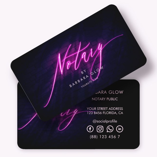 Modern Notary Public Glowing Neon Purple Business Card (Creator Uploaded)