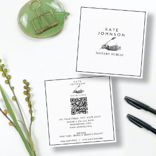 Modern Notary Signing Agent Feather Quill Logo Square Business Card