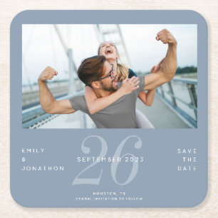 Modern Number Date Dusty Blue Photo Save The Date Square Paper Coaster
