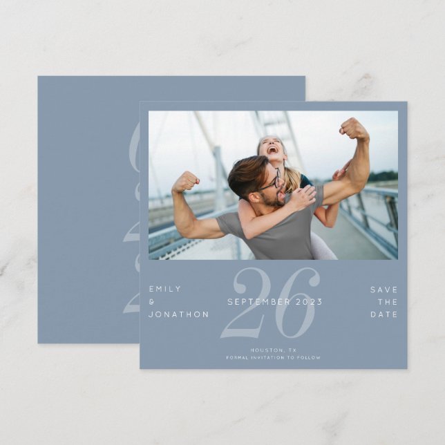 Modern Number Date Photo Dusty Blue Save The Date (Front/Back)