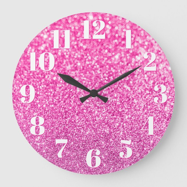 Modern Numbers Faux Sparkly Bokeh Pink Glitter Large Clock (Front)