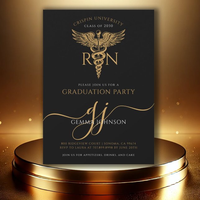 Modern Nurse Graduation Party Gold Script Black Invitation (Creator Uploaded)