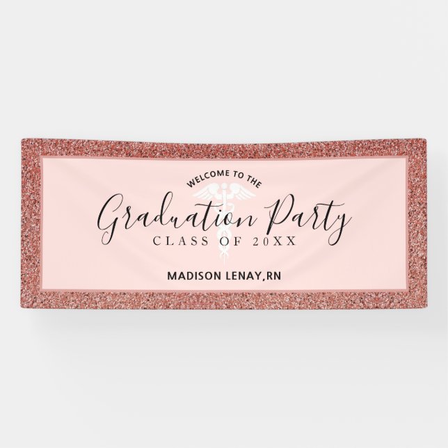 Modern Nurse Graduation Rose Gold Glitter Name Banner (Horizontal)