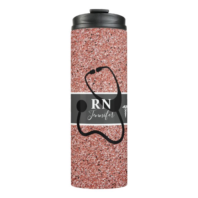 Modern Nurse Pink Rose Gold Glitter Personalized Thermal Tumbler (Front)