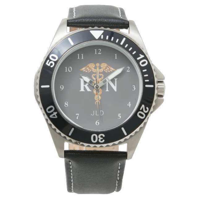 Modern Nurse RN Black Grey Monogram Mens Watch (Front)