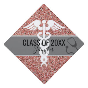 Modern Nurse Rose Gold Glitter White Caduceus Graduation Cap Topper