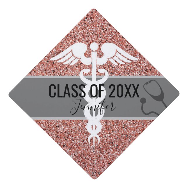 Modern Nurse Rose Gold Glitter White Caduceus Graduation Cap Topper (Front)