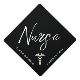 Modern Nurse Script Black White Personalized Graduation Cap Topper