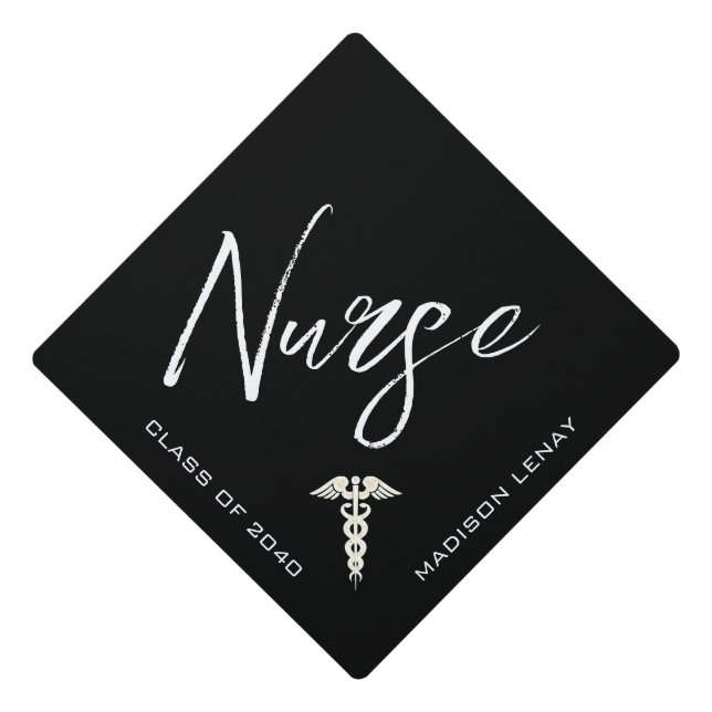 Modern Nurse Script Black White Personalized Graduation Cap Topper (Front)