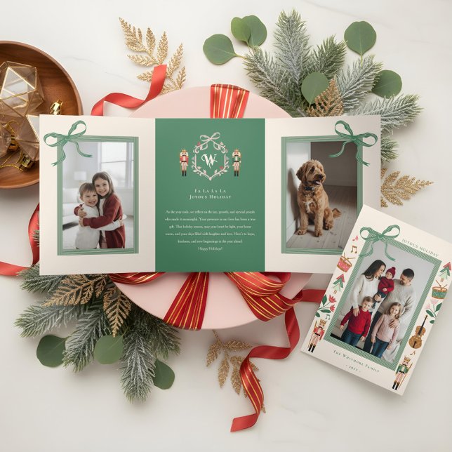 Modern Nutcracker Christmas Bow Ribbon Photo Frame Tri-Fold Holiday Card (Modern Nutcracker Christmas Bow Ribbon Photo Frame Tri-Fold Holiday Card)