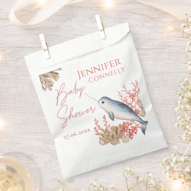 Modern ocean baby Narwhal & watercolour seashells  Favour Bag (Clipped)