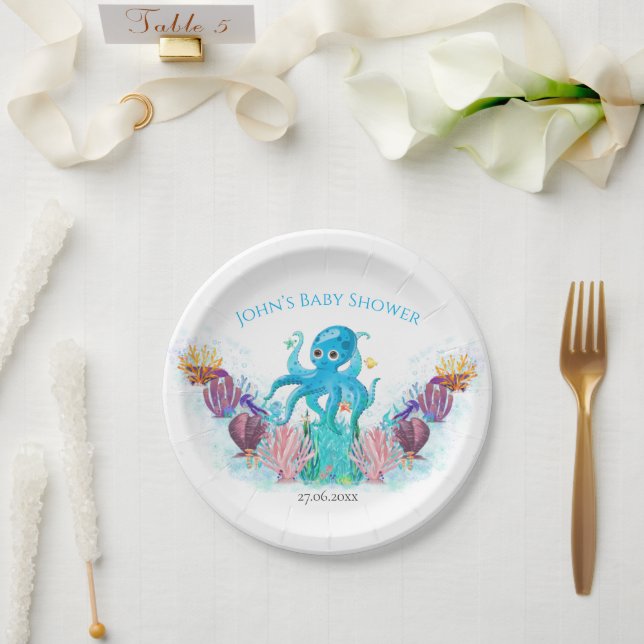 Modern Ocean Baby Octopus Watercolour Colourful Paper Plate (Wedding)