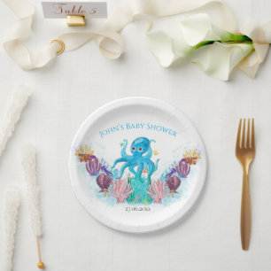 Modern Ocean Baby Octopus Watercolour Colourful Paper Plate