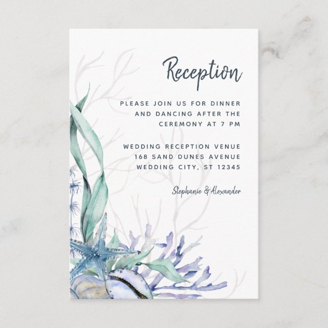 Modern Ocean Beach Blue Wedding Reception Enclosure Card (Front)