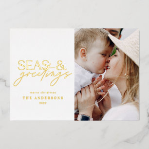 modern ocean beach family photo foil holiday card