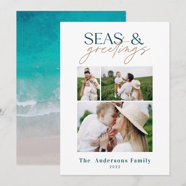 modern ocean beach family photo Holiday Card (Front/Back)