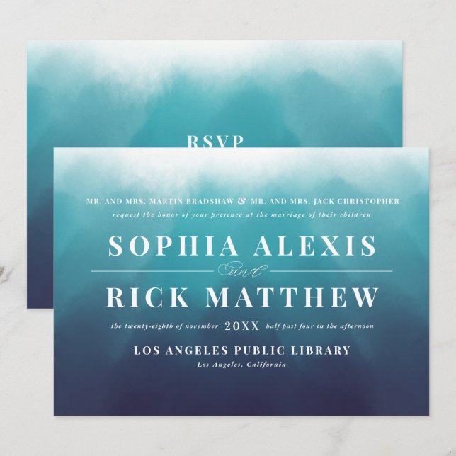 Modern Ocean Blue Elegant Typography Wedding Invitation (Front/Back)