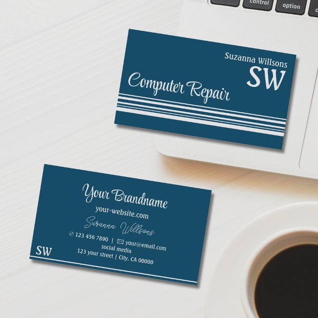 Modern Ocean Blue Light Grey Stripes with Monogram Business Card (Creator Uploaded)