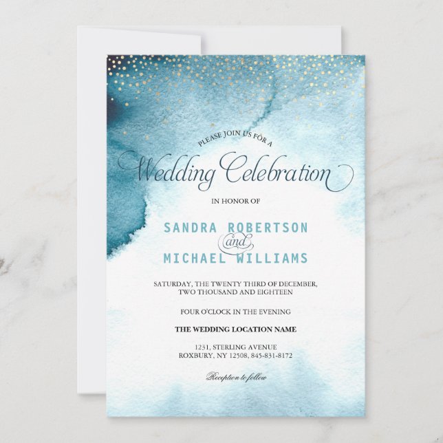 Modern ocean blue ombre watercolor Wedding Invitation (Front)