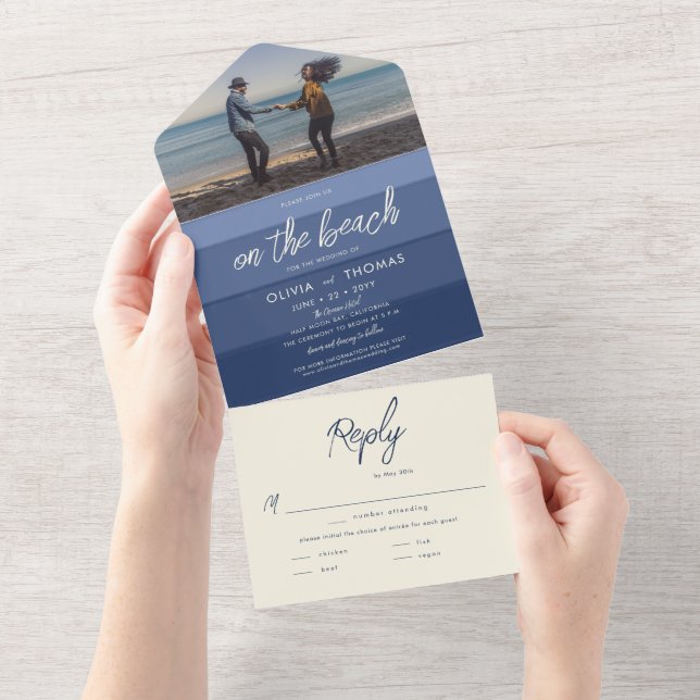 Modern Ocean Blue Wave Stripes Beach Wedding Photo All In One Invitation (Tearaway)