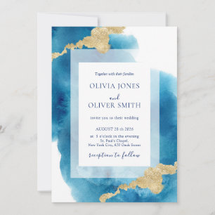 Modern Ocean Inspired Blue Watercolor Gold Splash Invitation
