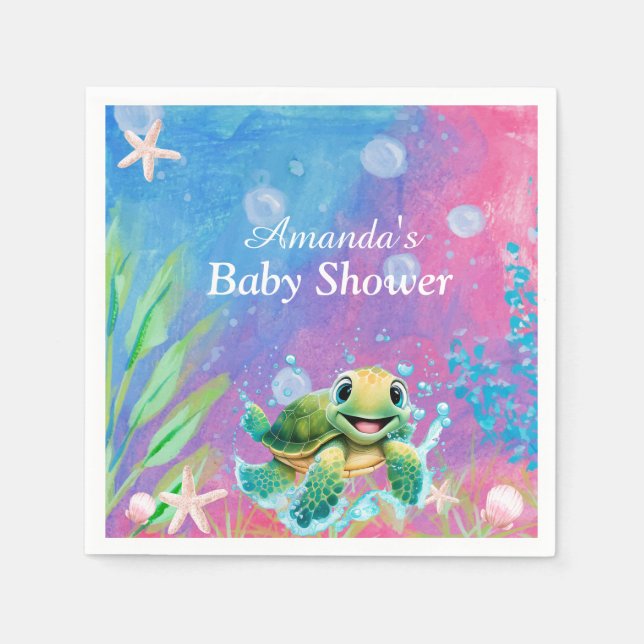 Modern Ocean Sea Turtle Starfish Baby Shower  Napkin (Front)