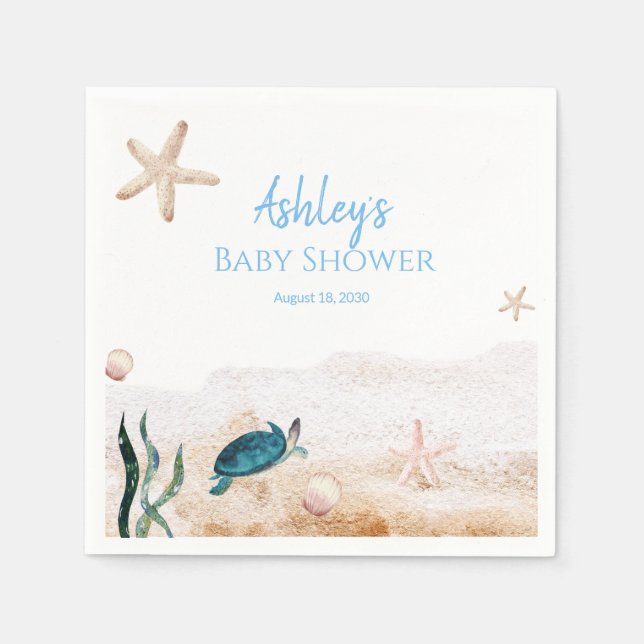Modern Ocean Sea Turtle Starfish Boy Baby Shower  Napkin (Front)