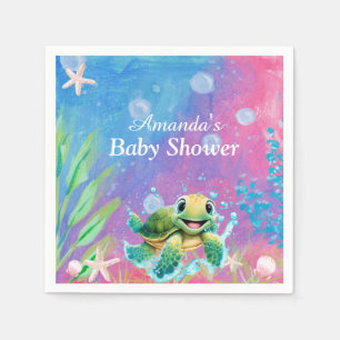 Modern Ocean Sea Turtle Starfish Girl Baby Shower Napkin