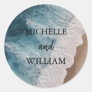 Modern Ocean Summer Blue Beach Wedding Classic Round Sticker