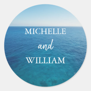 Modern Ocean Summer Blue Beach Wedding Classic Round Sticker