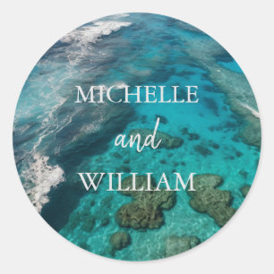 Modern Ocean Summer Blue Beach Wedding Classic Round Sticker