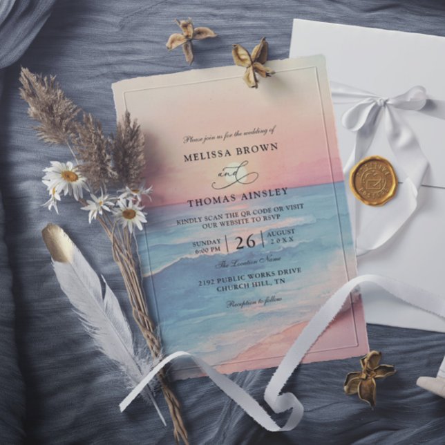 Modern Ocean Sunset Budget QR Code Wedding Invitation (Creator Uploaded)