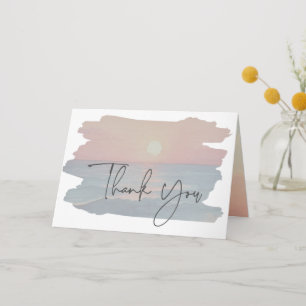 Modern Ocean Sunset Watercolor Beach Photo Wedding Thank You Card