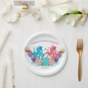 Modern Ocean Twin Octopus Watercolour Colourful   Paper Plate