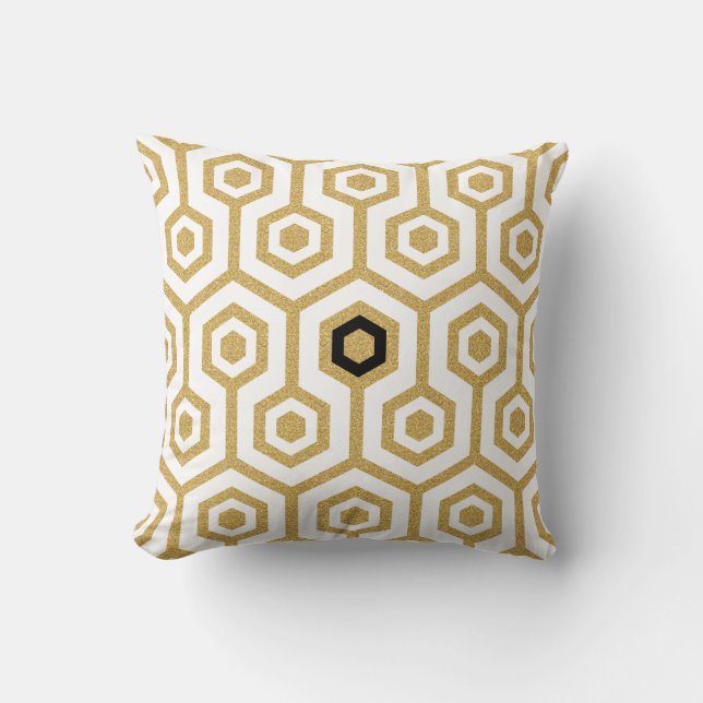 Modern Octagon Pattern White & Gold Glitter Throw Pillow (Front)