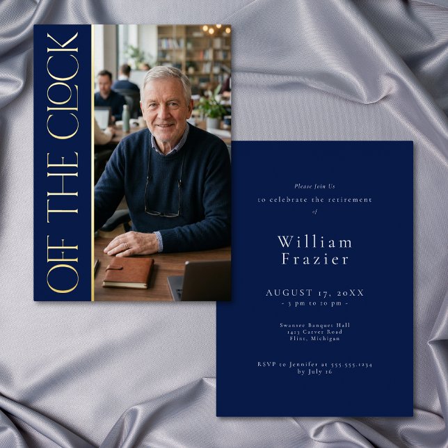 Modern Off Clock Blue Retirement Photo Party (Modern Off Clock Blue Retirement Photo Party Foil Invitation)