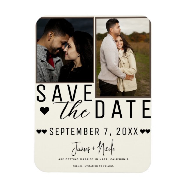 Modern Off White Save the Date 2 Photo Wedding Magnet (Vertical)