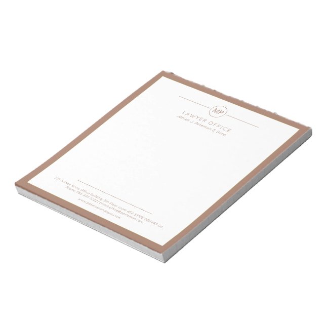 Modern office brown and white monogram lawyer notepad (Rotated)