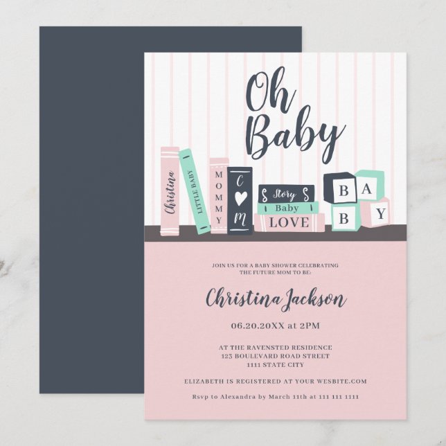 Modern oh baby book library shelf baby shower invitation (Front/Back)
