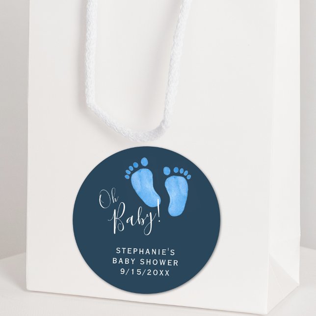 Modern Oh Baby Boy Navy Blue Baby Shower Classic Round Sticker (Creator Uploaded)