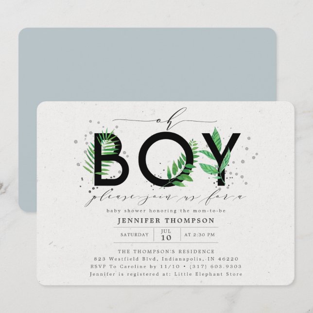 Modern Oh Boy Blue Tropical Greenery Baby Shower Invitation (Front/Back)