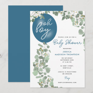 Modern Oh Boy Eucalyptus Blue Balloon Baby Shower Invitation