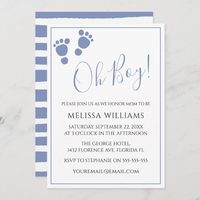Modern Oh Boy! Footprint baby shower In Invitation (Front/Back)