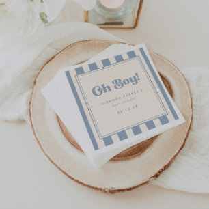 Modern "Oh Boy!" Retro Blue Striped Baby Shower Napkin