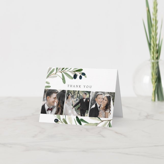 Modern Olive Branch 3 Photo Thank You Card (Front)