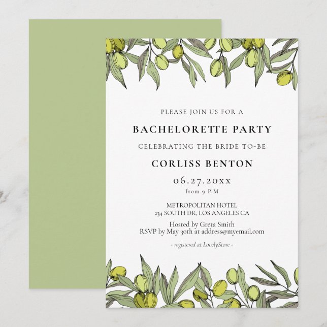 Modern Olive branch Bachelorette Party Invitation (Front/Back)