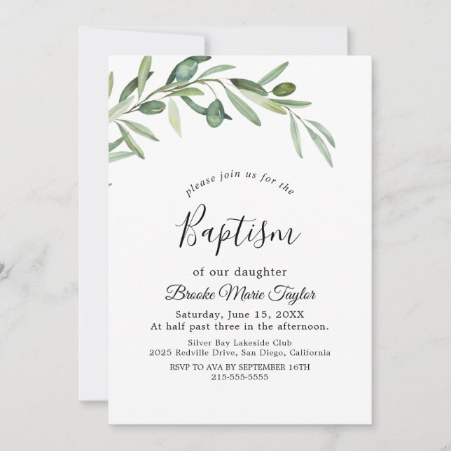 Modern Olive Branch Baptism Invitation (Front)