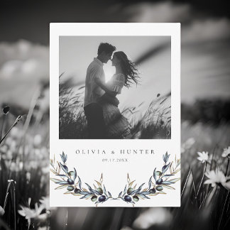 Modern Olive Branch Black and White Photo Wedding Invitation