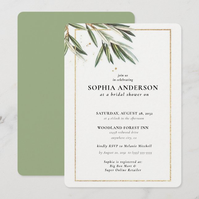 Modern Olive Branch Bridal Shower Invitation (Front/Back)